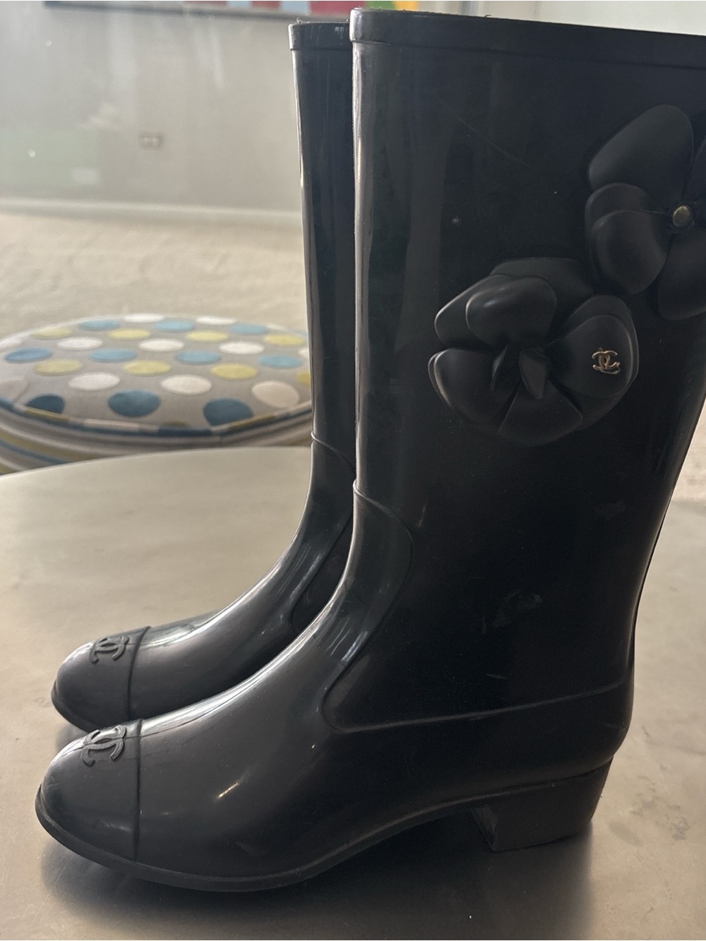Glossy Black Rain Boots with Decorative Bow - Picture 2 of 4